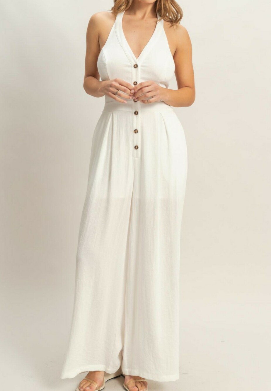 HYFVE White Halter Button-Front Wide-Leg Jumpsuit